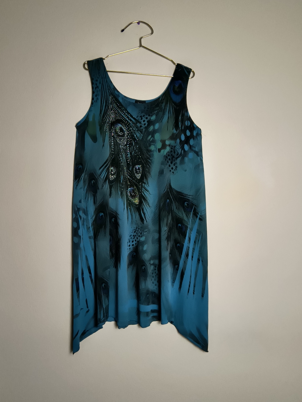 Jostar XL Vintage Y2K Asymmetrical Peacock-Print Sleeveless Dress in Teal